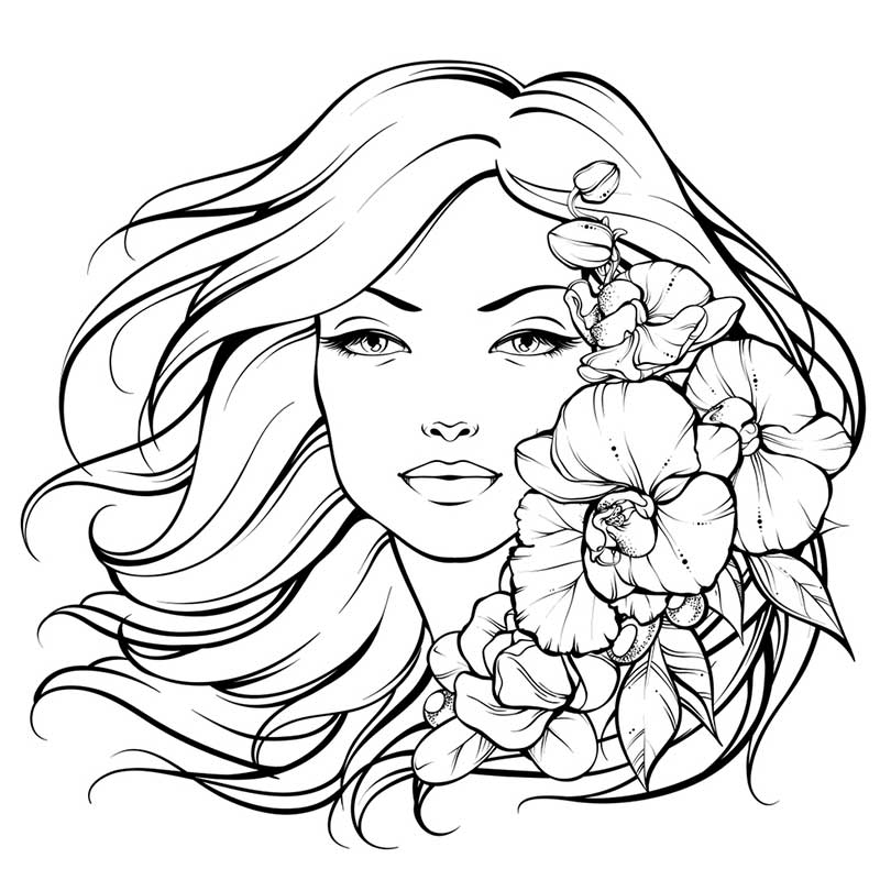 раскраска девушка с цветами в волосах